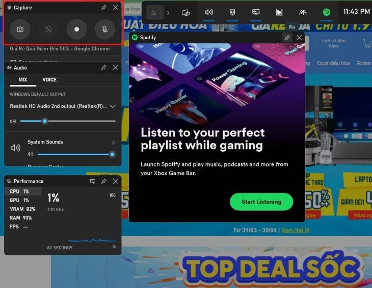 Giao diện Game Bar với nút chụp ảnh màn hình được đánh dấu