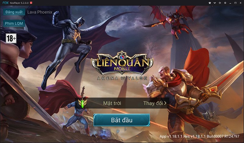 Giao diện game Liên Quân Mobile đang chạy trên giả lập, hiển thị chế độ đấu tập để luyện kỹ năng.