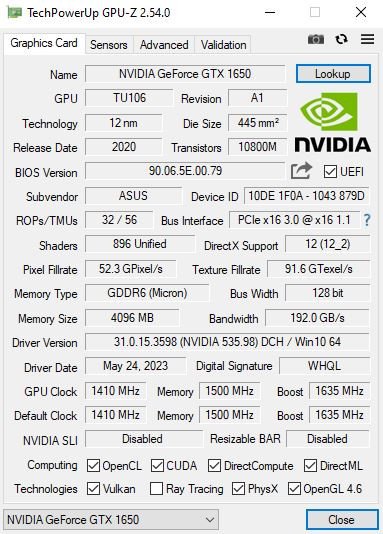 Giao diện GPU-Z hiển thị thông tin chi tiết về card đồ họa