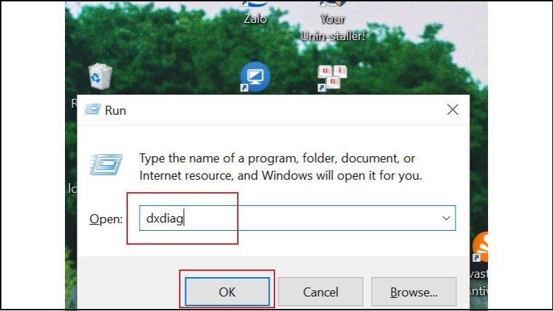 Giao diện hộp thoại Run để khởi chạy DirectX Diagnostic Tool