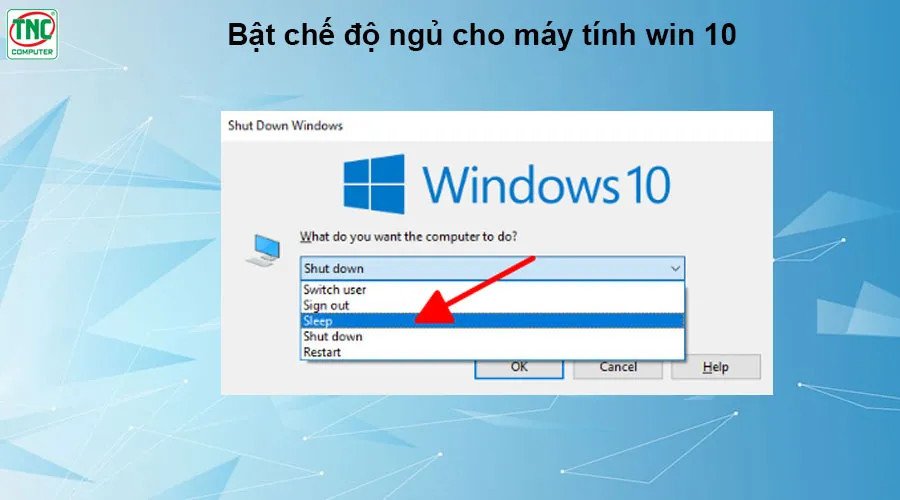 Giao diện hộp thoại Shut Down Windows với tùy chọn sleep laptop