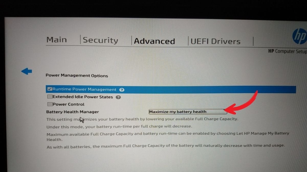 Giao diện HP Battery Health Manager trong BIOS, hiển thị lựa chọn 'Maximize My Battery Health' để giới hạn sạc pin laptop HP