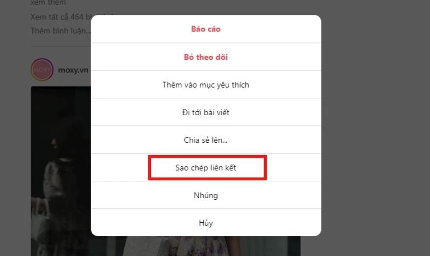 Giao diện Instagram với tùy chọn sao chép liên kết ảnh để lưu vào laptop