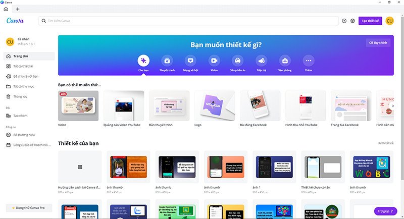 Giao diện làm việc chính của Canva sau khi cài đặt thành công