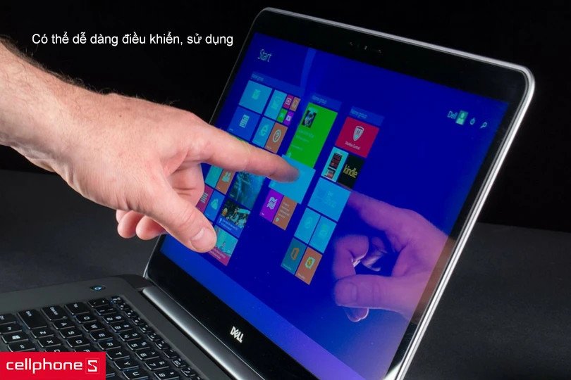 Giao diện laptop màn hình cảm ứng hiển thị các ứng dụng, người dùng đang thao tác trực tiếp trên màn hình.