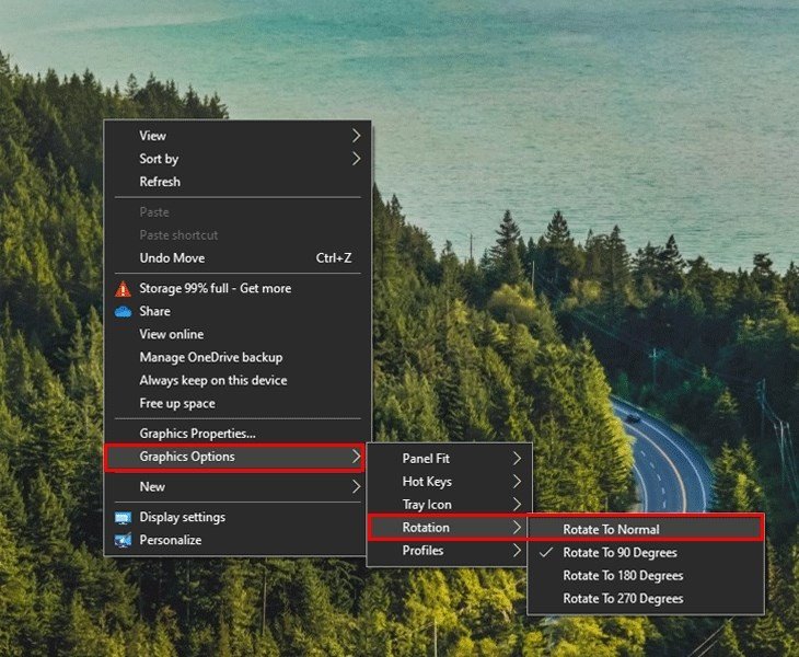 Giao diện menu chuột phải trên Desktop Windows 7, với tùy chọn Graphics Options và Rotation để điều chỉnh hướng hiển thị
