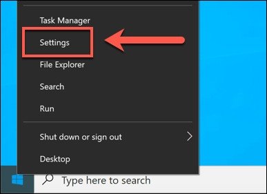 Giao diện menu Start của Windows 10 với tùy chọn Settings được chọn, minh họa cách bắt đầu cài đặt Bluetooth để chuyển ảnh từ iPhone sang laptop bằng Bluetooth