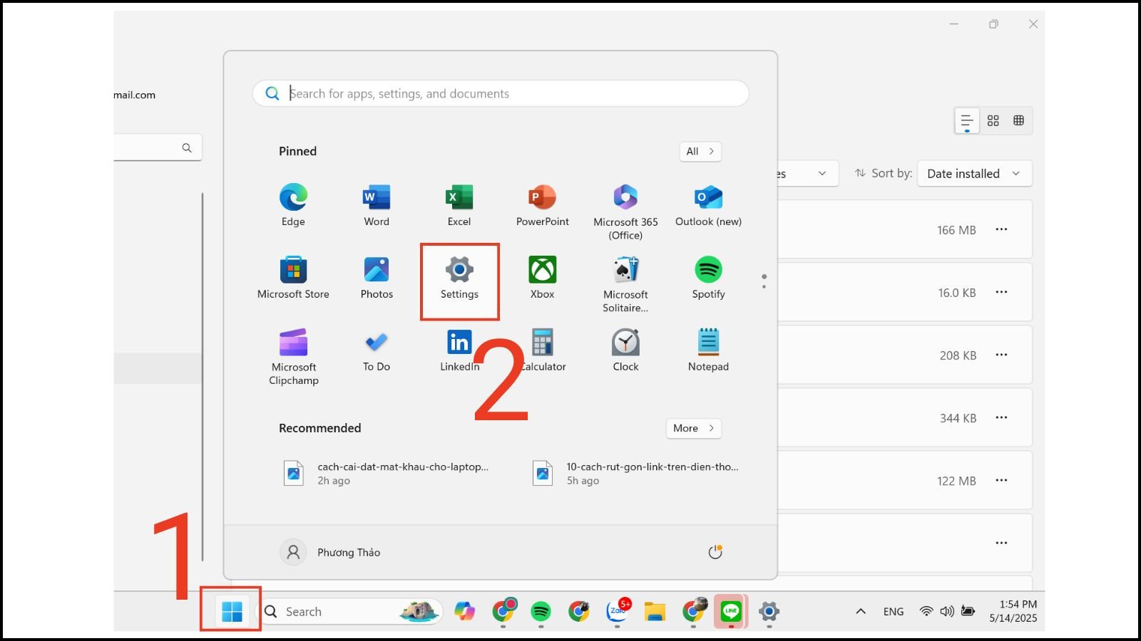 Giao diện Menu Start trên Windows 11 với biểu tượng Cài đặt (Settings) được chọn, minh họa bước đầu tiên trong cách đặt mật khẩu máy tính