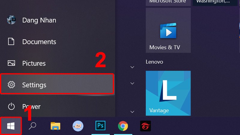 Giao diện Menu Start và lựa chọn Settings để chỉnh laptop về tiếng Việt