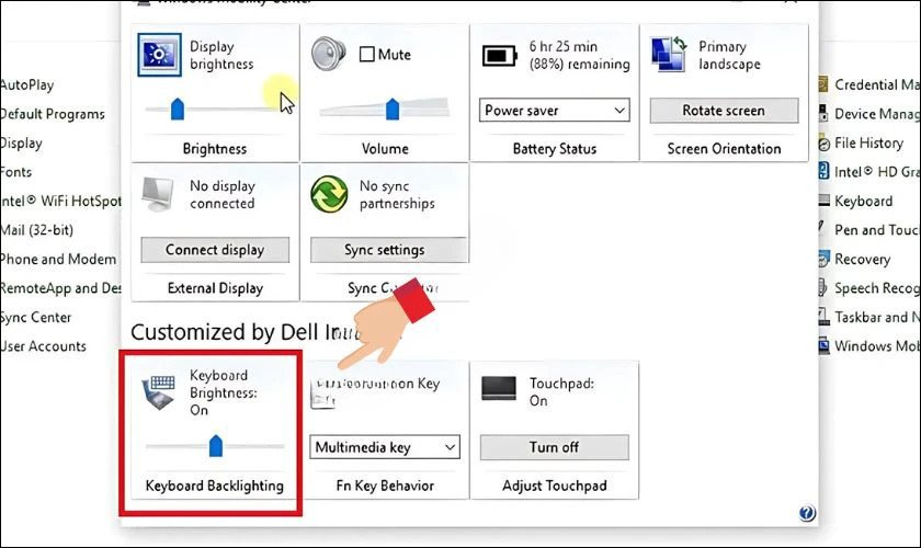Giao diện Mobility Center hiển thị tùy chọn Keyboard backlight để bật đèn phím Asus Vivobook