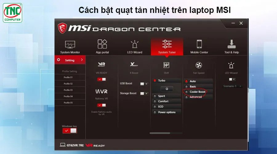 Giao diện MSI Dragon Center điều chỉnh quạt làm mát GF63
