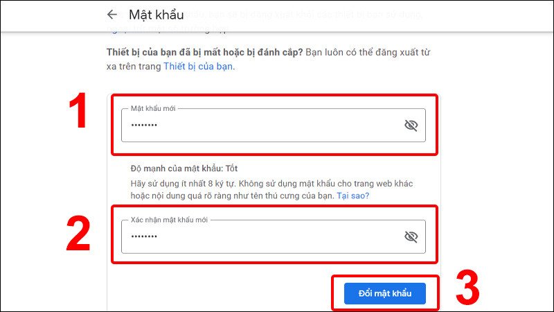 Giao diện nhập mật khẩu Gmail mới và xác nhận trên máy tính xách tay
