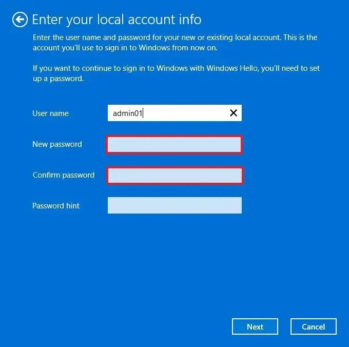 Giao diện nhập mật khẩu trống khi tạo tài khoản cục bộ trên Windows 11