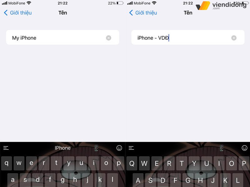 Giao diện nhập tên mới cho thiết bị iPhone