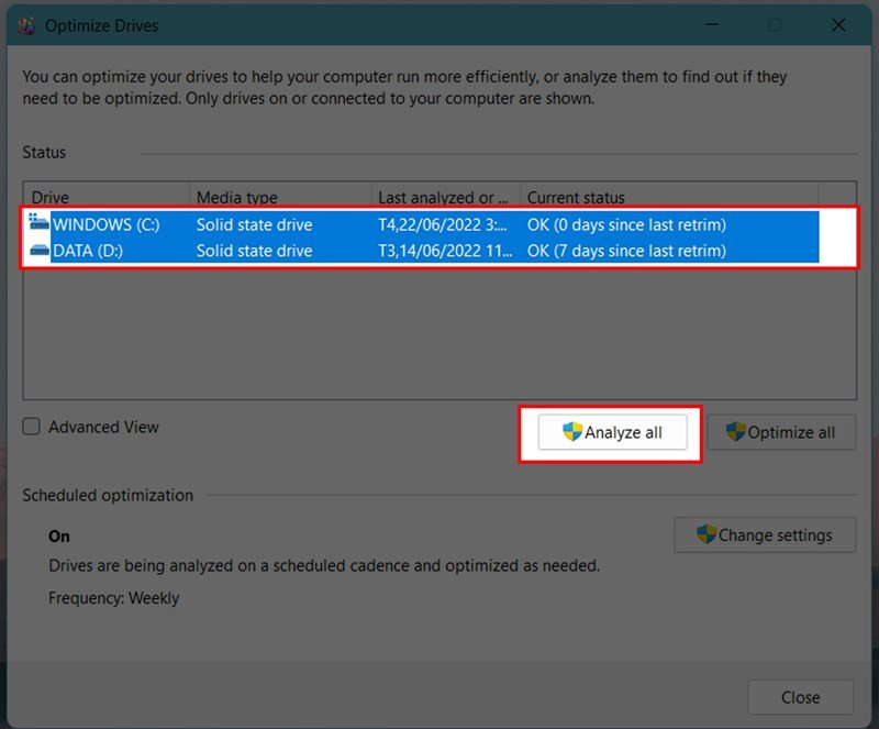 Giao diện Optimize Drives để chống phân mảnh ổ cứng