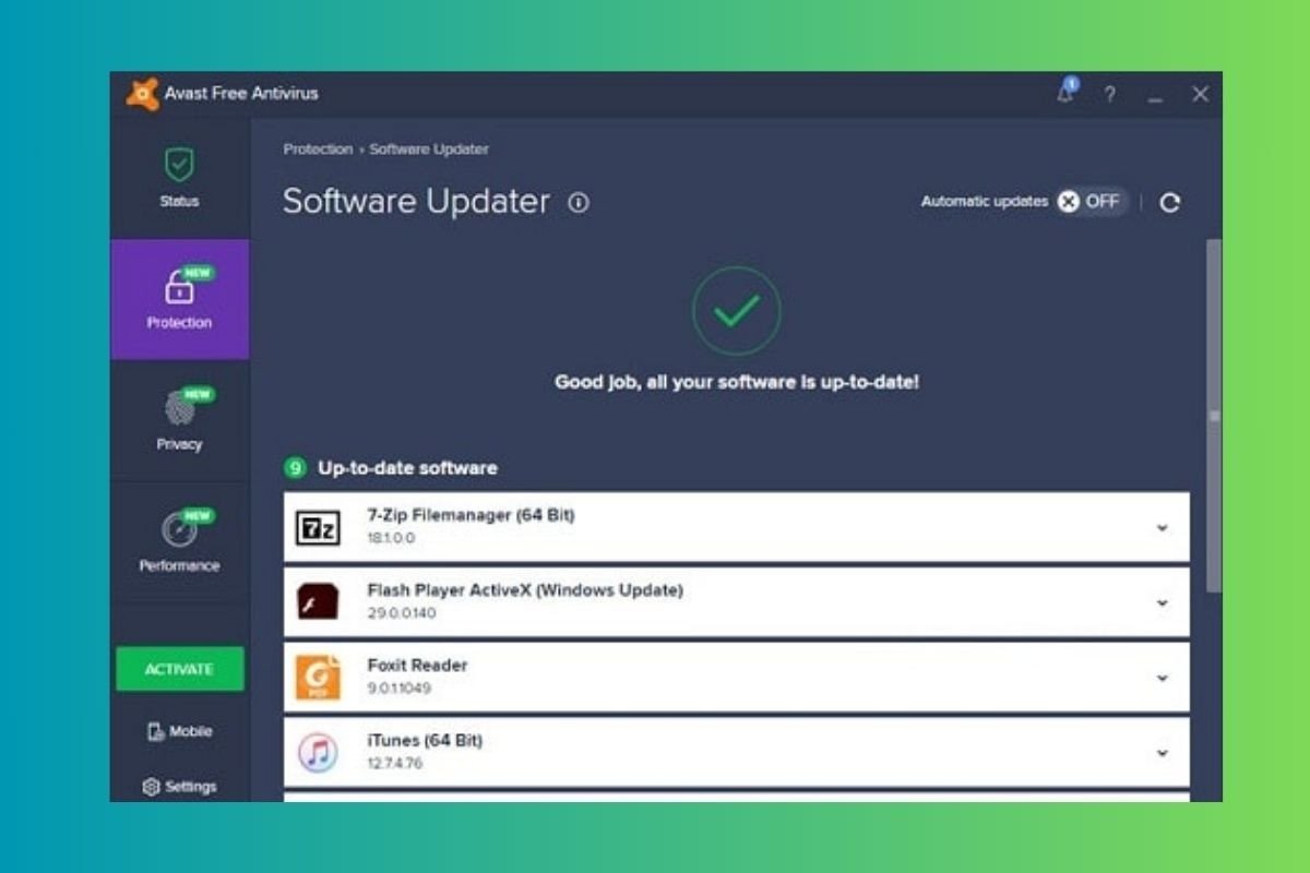 Giao diện phần mềm Avast hiển thị các lá chắn bảo vệ