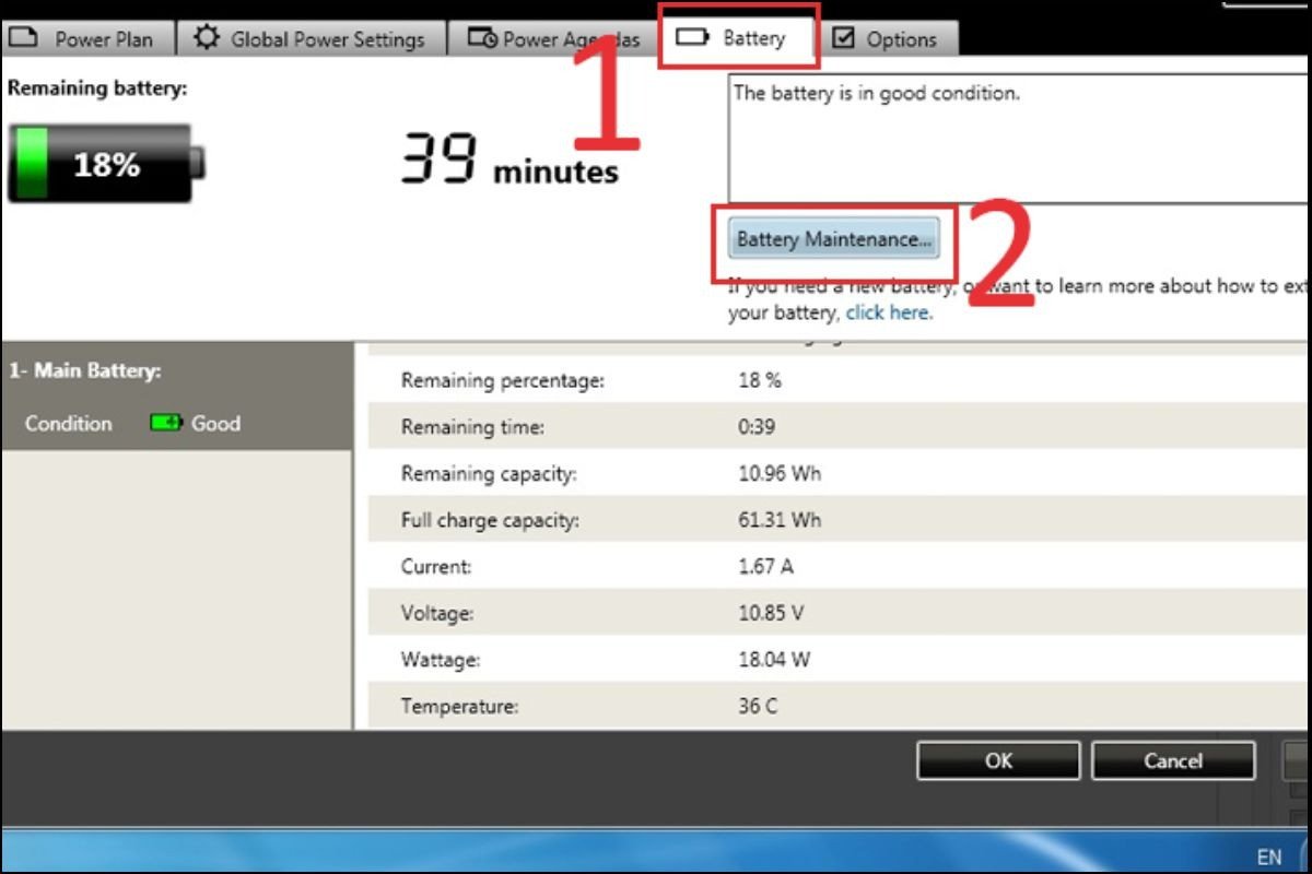 Giao diện phần mềm Battery Maintenance để reset pin laptop