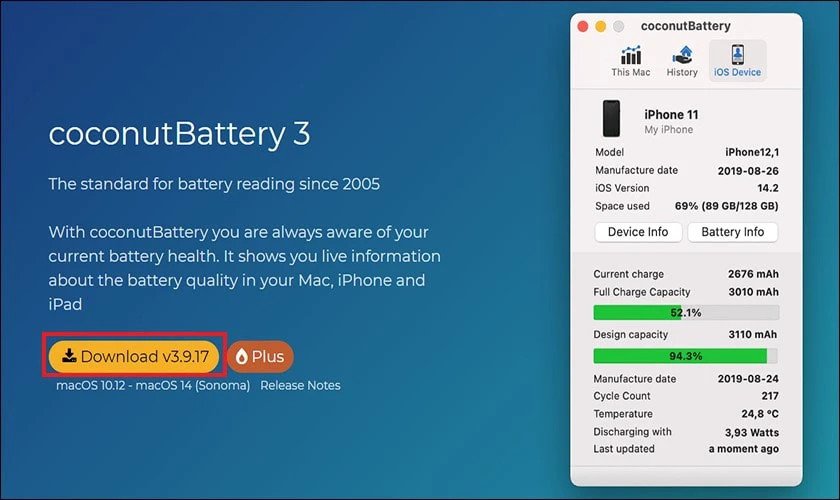 Giao diện phần mềm Coconut Battery hiển thị thông tin chi tiết về pin Macbook