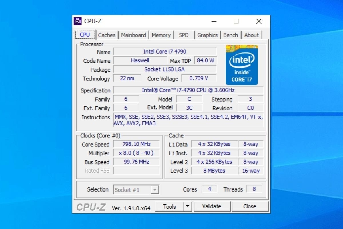 Giao diện phần mềm CPU-Z, hiển thị chi tiết thông số bộ xử lý (CPU) và các thành phần khác của laptop Dell.