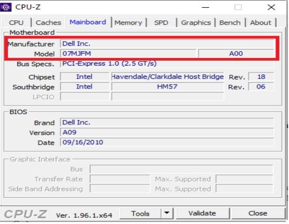 Giao diện phần mềm CPU-Z hiển thị thông tin Mainboard và model