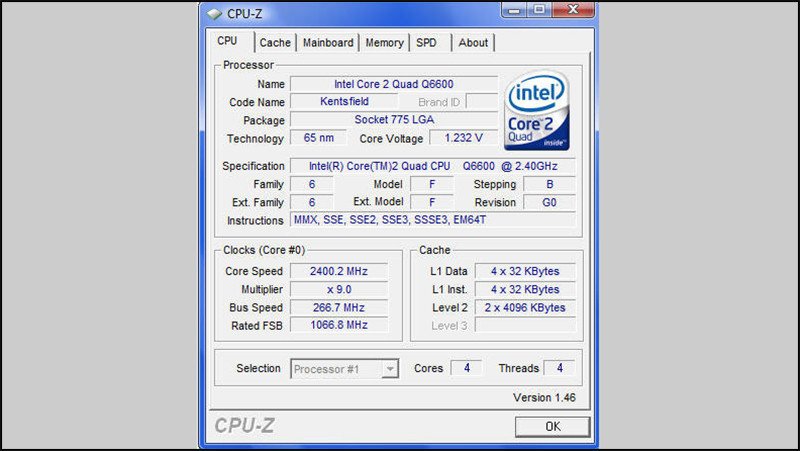 Giao diện phần mềm CPU-Z kiểm tra xung nhịp CPU