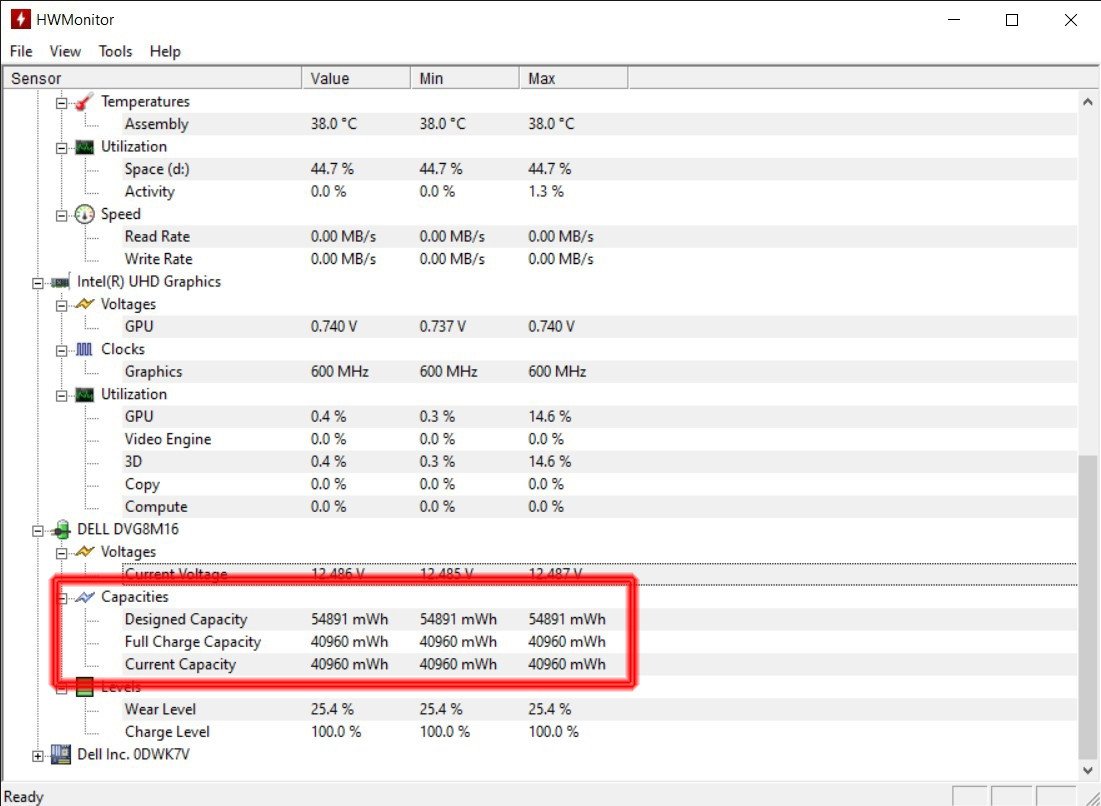 Giao diện phần mềm CPUID HWMonitor hiển thị chỉ số Wear Level, phương pháp kiểm tra pin laptop bằng ứng dụng