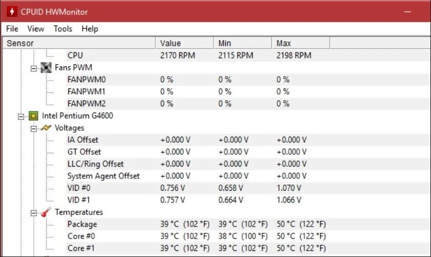 Giao diện phần mềm CPUID HWMonitor hiển thị chi tiết các thông số phần cứng, bao gồm mức tiêu thụ năng lượng, để kiểm tra sạc laptop bao nhiêu w.