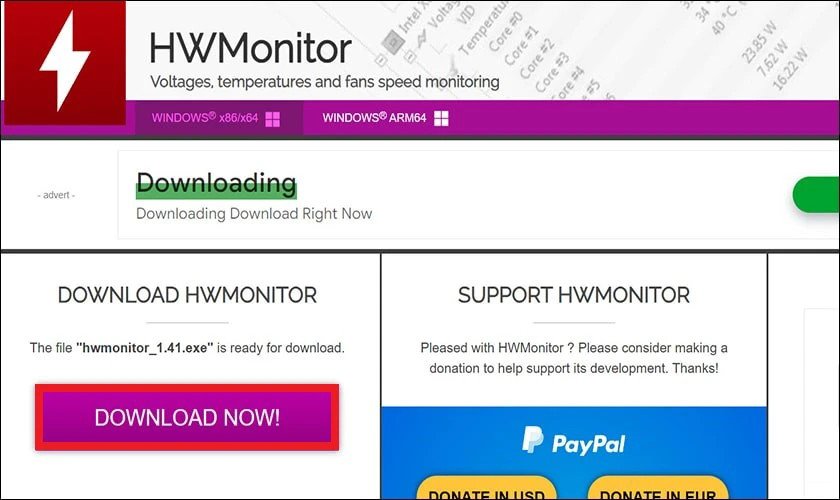 Giao diện phần mềm CPUID HWMonitor hiển thị thông tin tổng quan về phần cứng và pin laptop