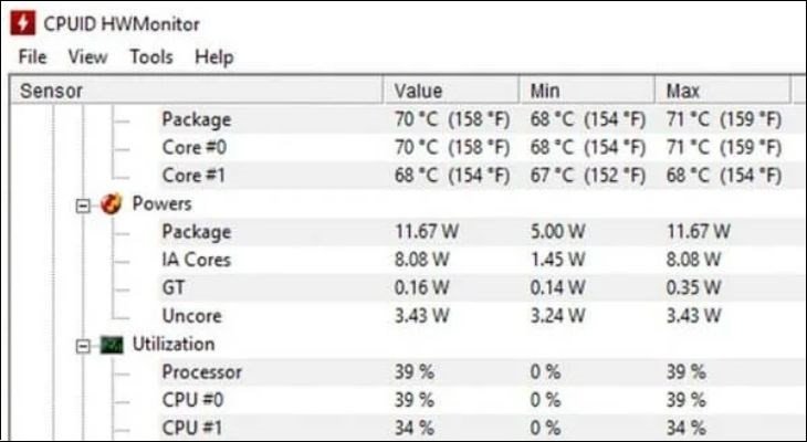 Giao diện phần mềm CPUID HWMonitor
