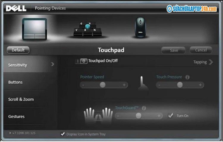Giao diện phần mềm Dell Touchpad với các tùy chọn cấu hình