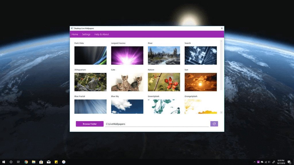 Giao diện phần mềm Desktop Live Wallpaper trên Windows