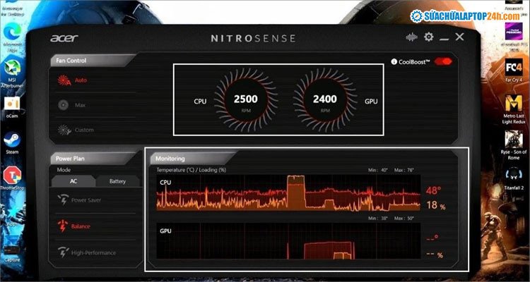 Giao diện phần mềm điều khiển quạt laptop Acer Nitro Sense, giúp người dùng tùy chỉnh tốc độ quạt để làm mát laptop