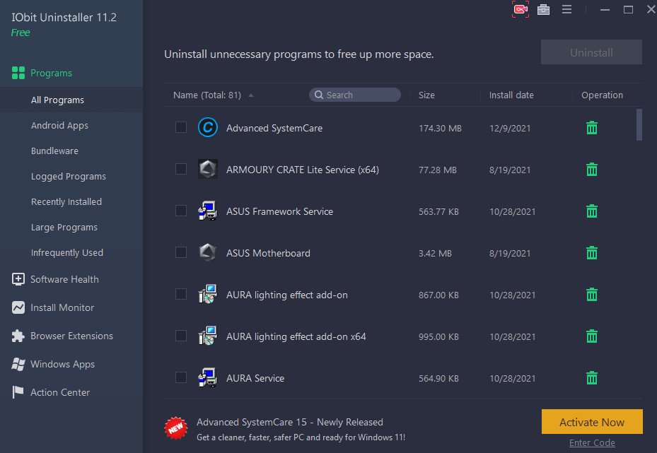 Giao diện phần mềm IObit Uninstaller