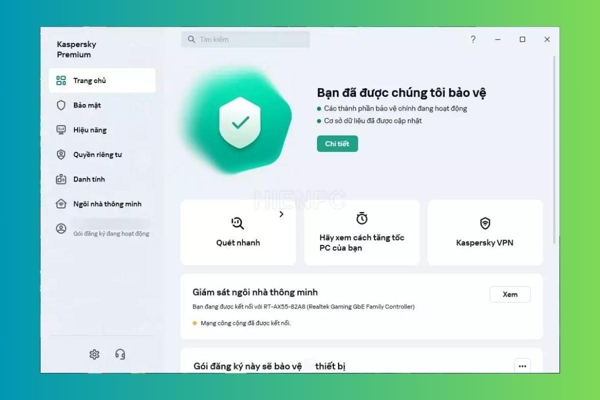 Giao diện phần mềm Kaspersky với các tùy chọn bảo vệ