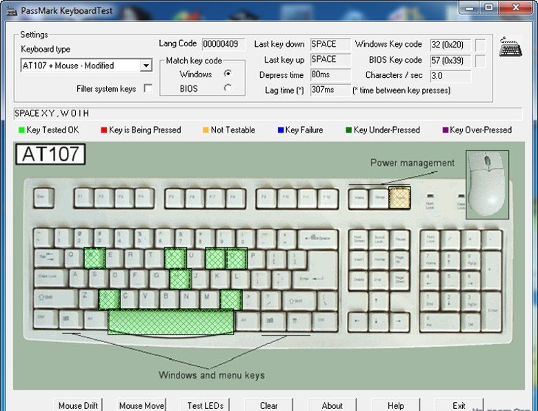 Giao diện phần mềm KeyboardTest hiển thị bàn phím ảo và các tùy chọn kiểm tra