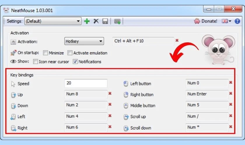 Giao diện phần mềm NeatMouse hỗ trợ điều khiển con trỏ chuột bằng bàn phím trên laptop