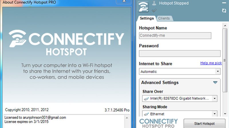 Giao diện phần mềm phát wifi cho laptop Connectify Hotspot