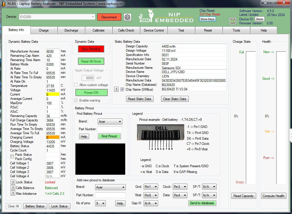 Giao diện phần mềm reset pin laptop NLBA khi kết nối với EV2300