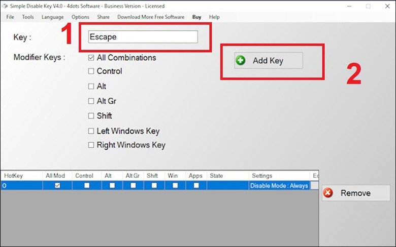 Giao diện phần mềm Simple Disable Key cho phép vô hiệu hóa các phím cụ thể
