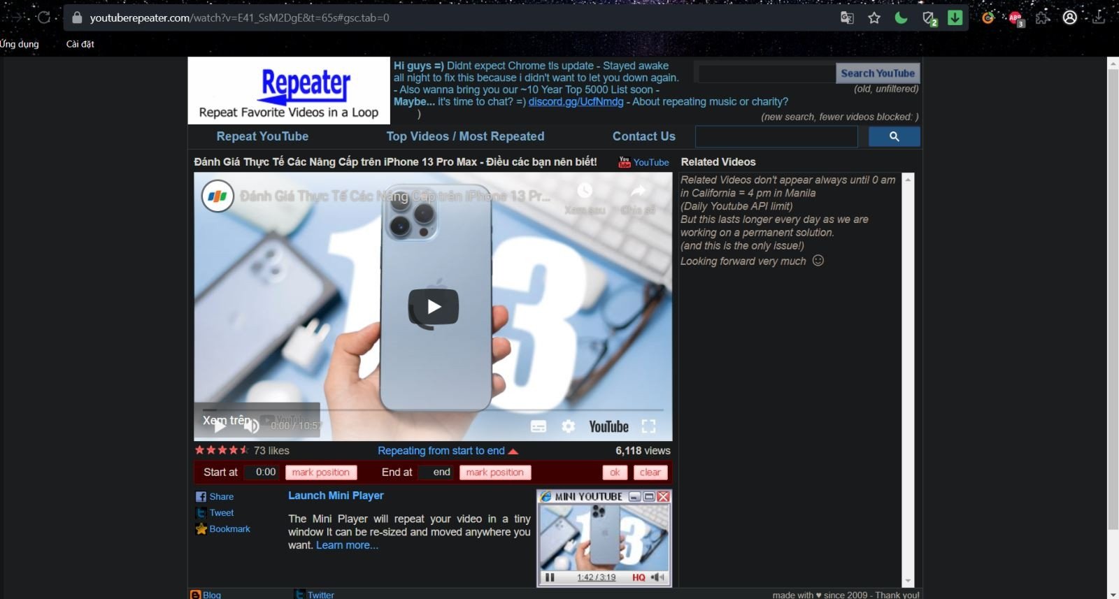 Giao diện phát lại video YouTube trên trang YouTube Repeater