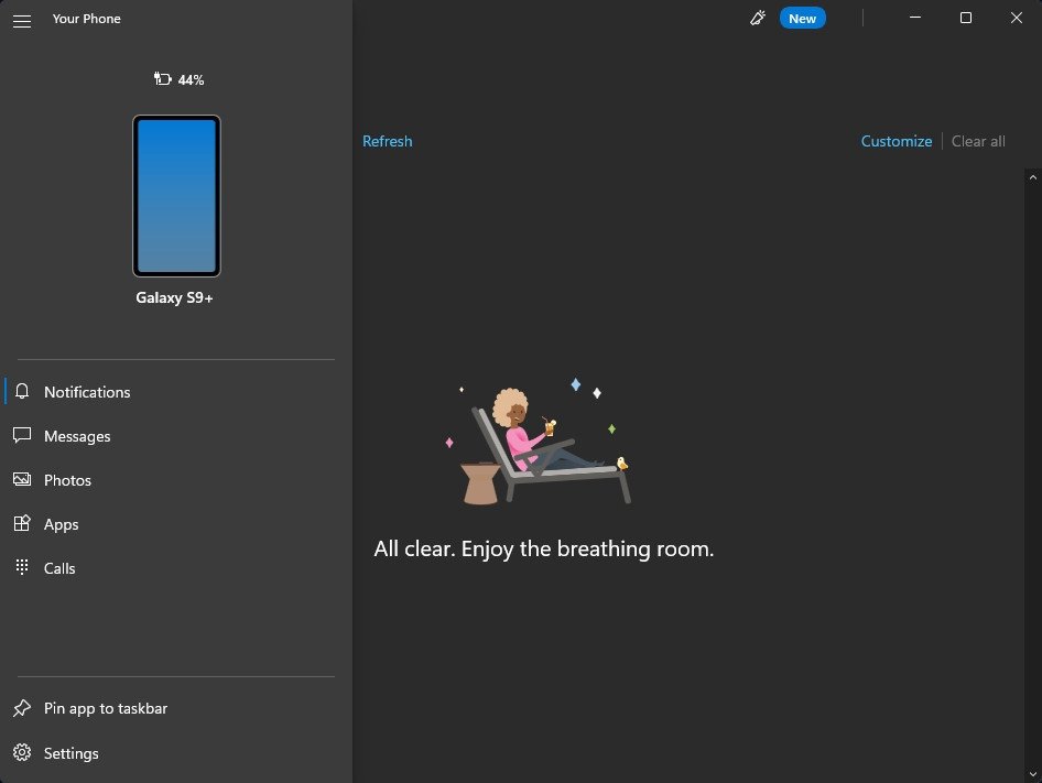 Giao diện Phone Link trên Windows 11 sau khi kết nối điện thoại