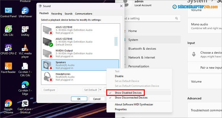 Giao diện Playback Devices trong Sound Settings, hiển thị tùy chọn Show Disabled Devices để bật lại tai nghe