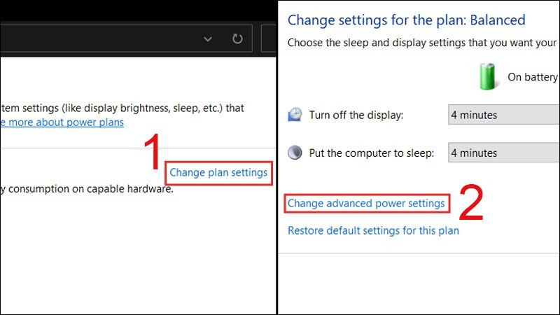 Giao diện Power Options trong Windows, hướng dẫn truy cập cài đặt nâng cao để tối ưu cách xả pin laptop Dell.