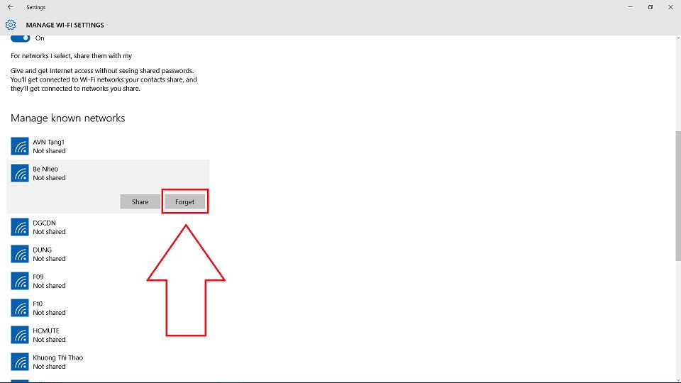 Giao diện quản lý các mạng Wi-Fi đã kết nối, chọn mạng để quên