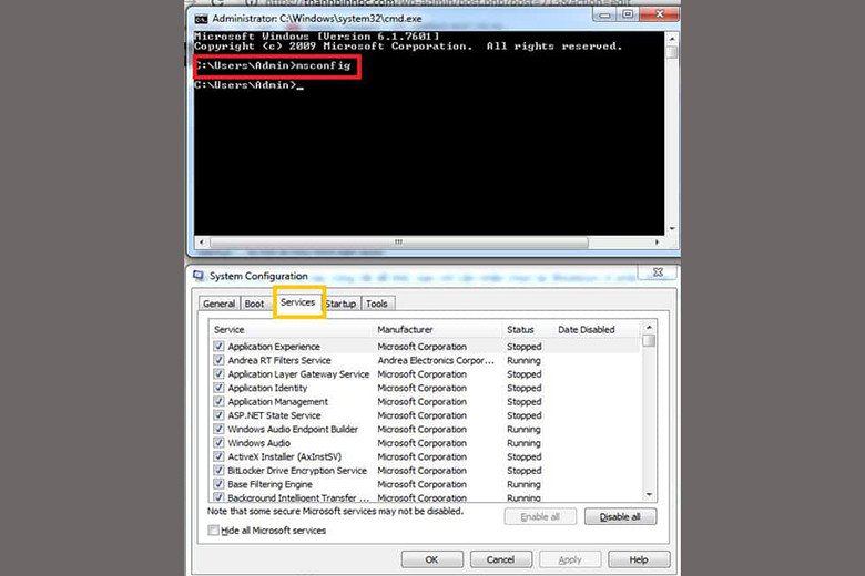 Giao diện quản lý dịch vụ hệ thống khi laptop gặp sự cố không tắt nguồn