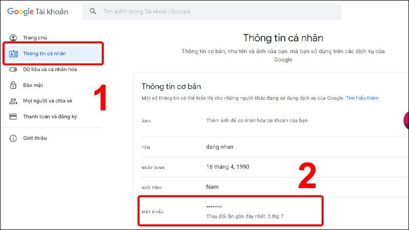 Giao diện quản lý tài khoản Google và mục mật khẩu để đổi mật khẩu Gmail trên laptop