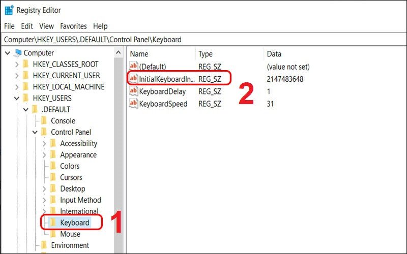 Giao diện Registry Editor hiển thị tùy chọn InitialKeyboardIndicator để cấu hình tự động bật NumLock trên laptop Dell