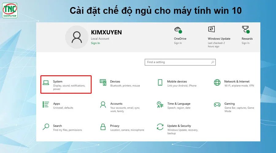 Giao diện Settings của Windows, chọn mục System để cấu hình chế độ ngủ laptop