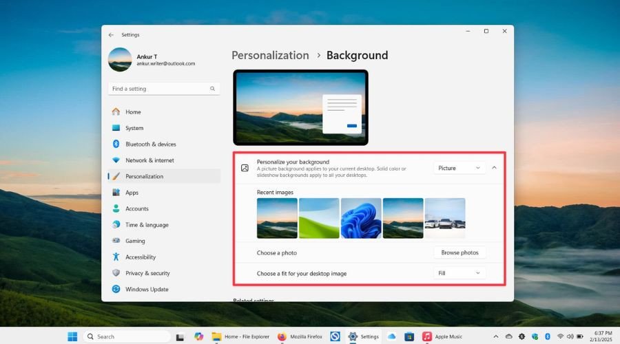 Giao diện Settings giúp thay đổi hình nền máy tính Lenovo