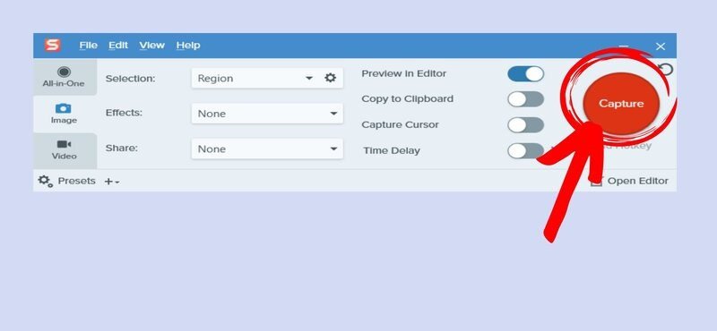 Giao diện Snagit Capture với nút Capture được đánh dấu để chụp màn hình